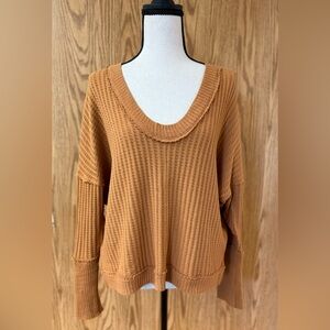 Free People Exaggerated Cuff Waffle-Knit Scoop Neck Sweater Size S